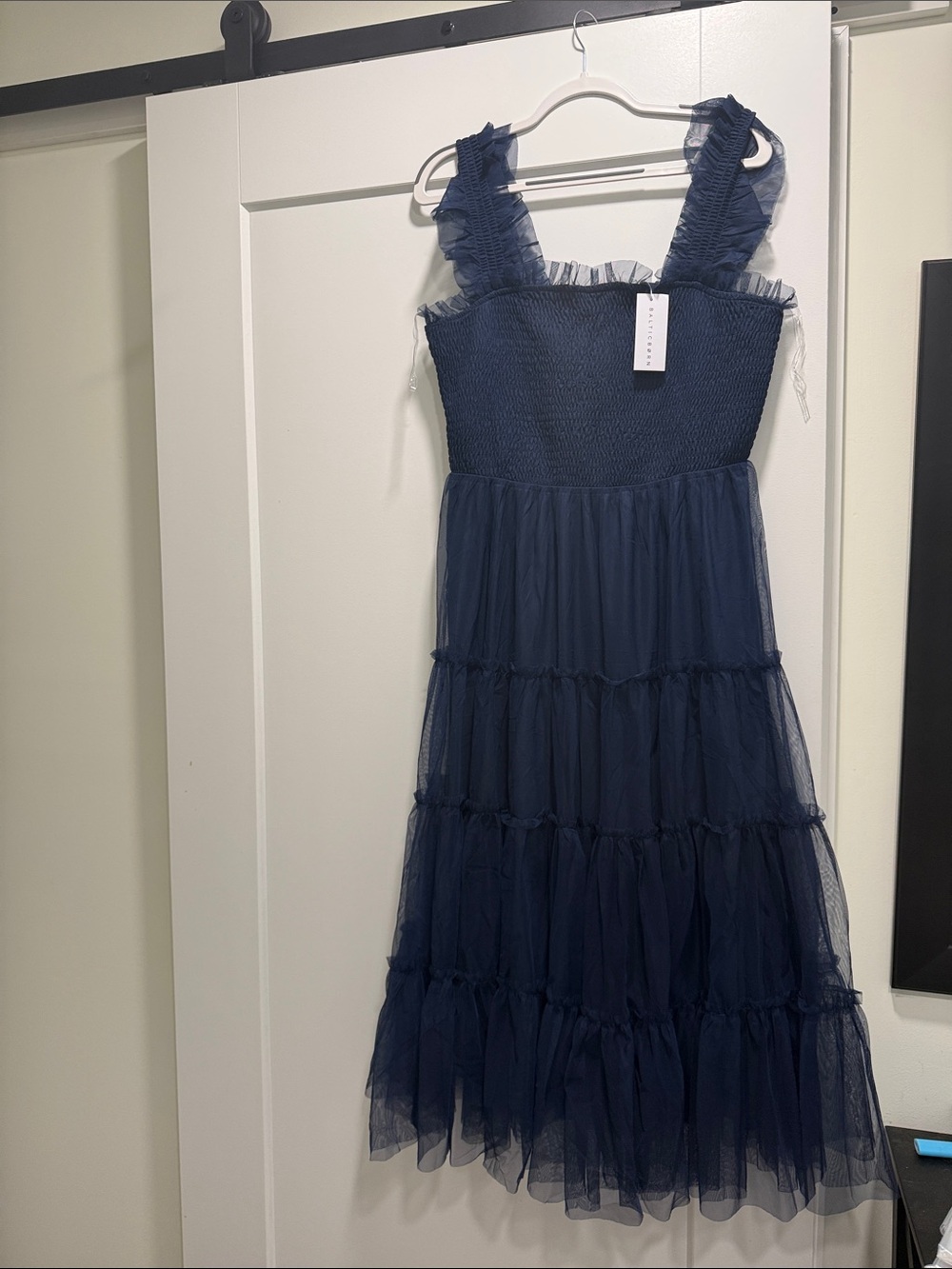 Baltic Born Navy Ruffled Tulle Tiered Formal Dress